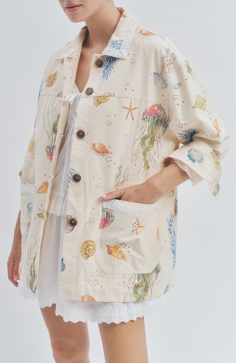 MAUDE CLUB Hayes Sea Life Print Cotton Eyelet Jacket, Alternate, color, Shell Print