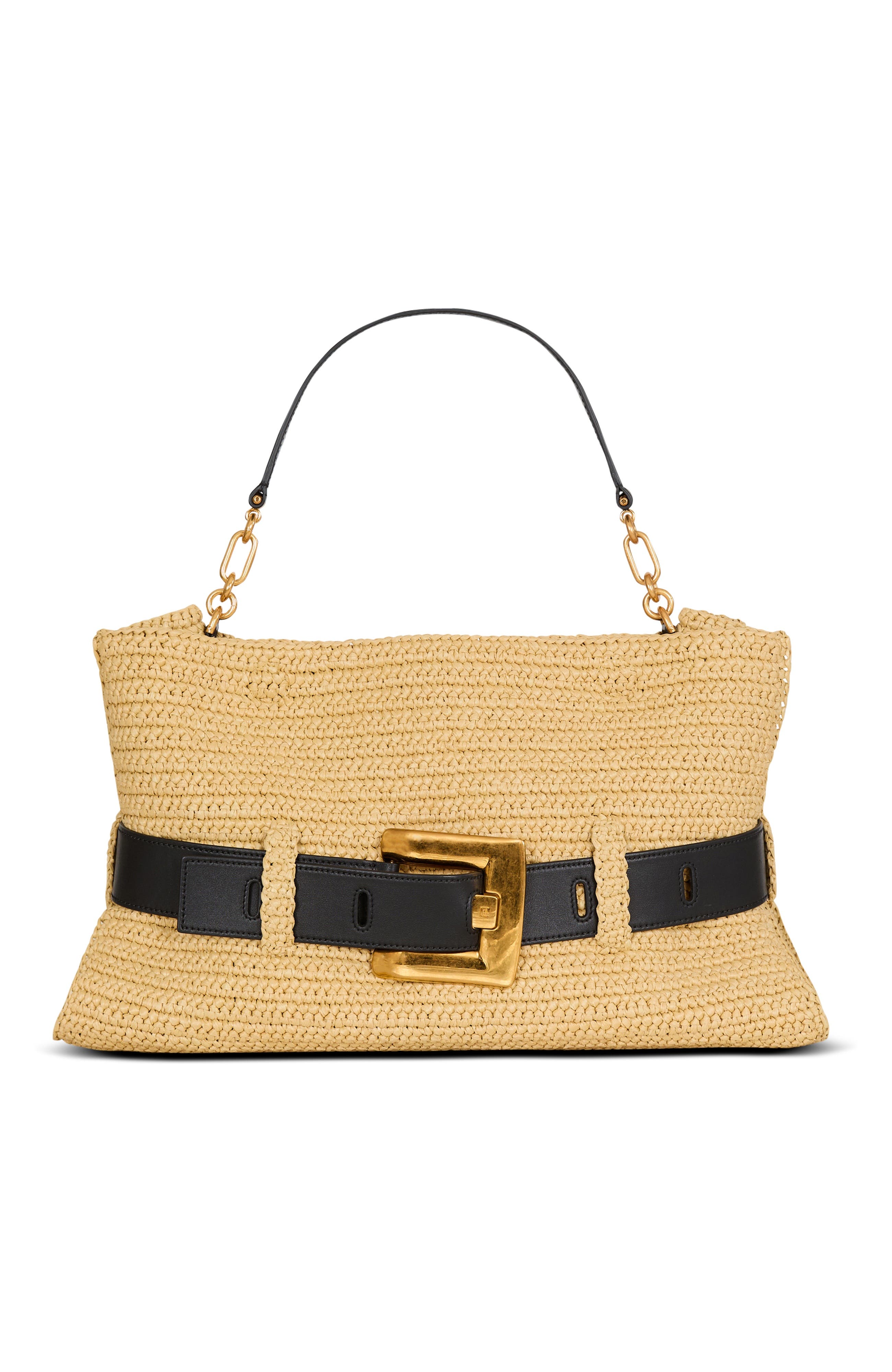 Balmain Medium Anthem bag in smooth leather and crochet, Main, color, Beige