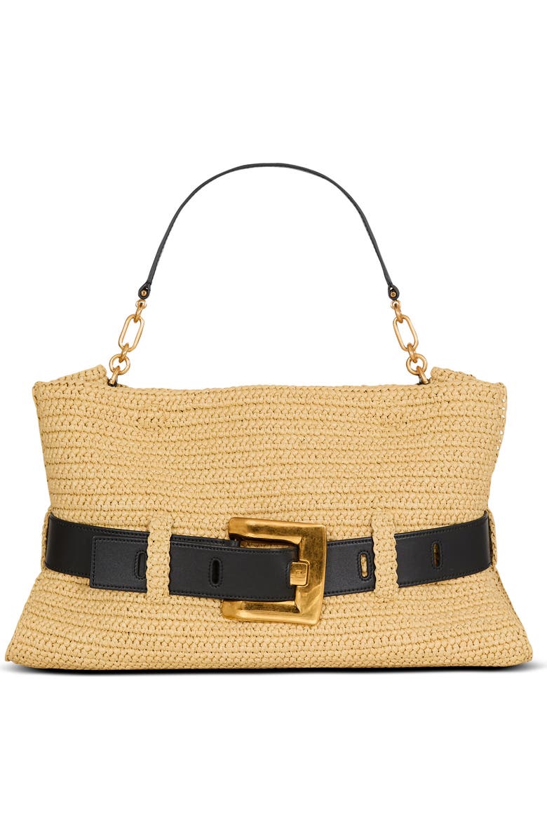 Balmain Medium Anthem bag in smooth leather and crochet, Main, color, Beige