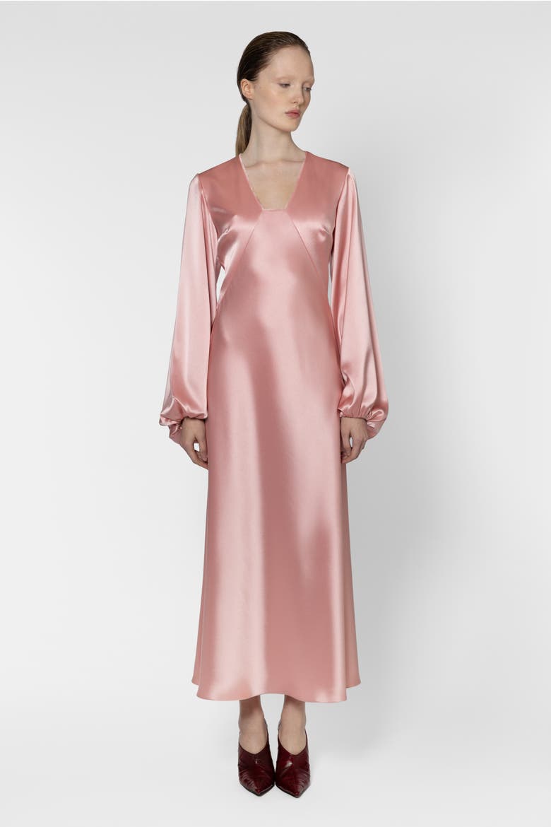 Amori Long Sleeve Satin Midi Dress, Main, color, Rose Clair