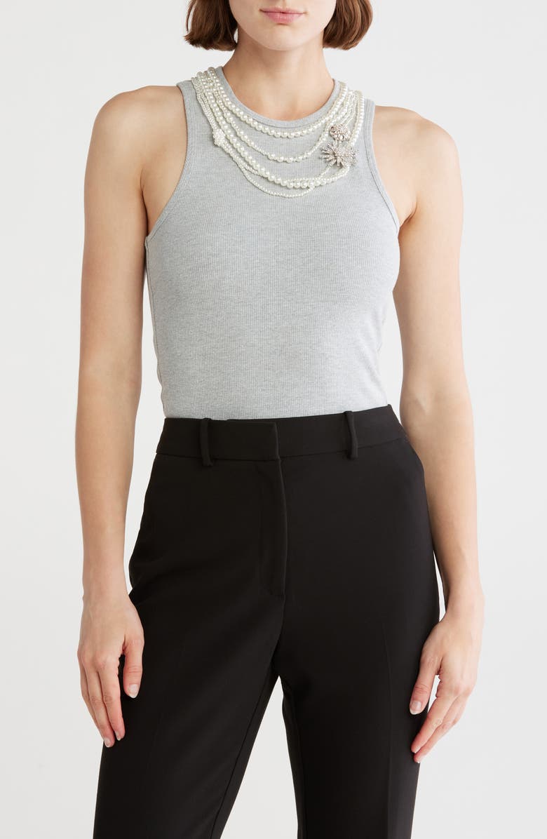 Cinq à Sept Lizzie Faux Pearl Chain Embellished Rib Tank, Main, color, 