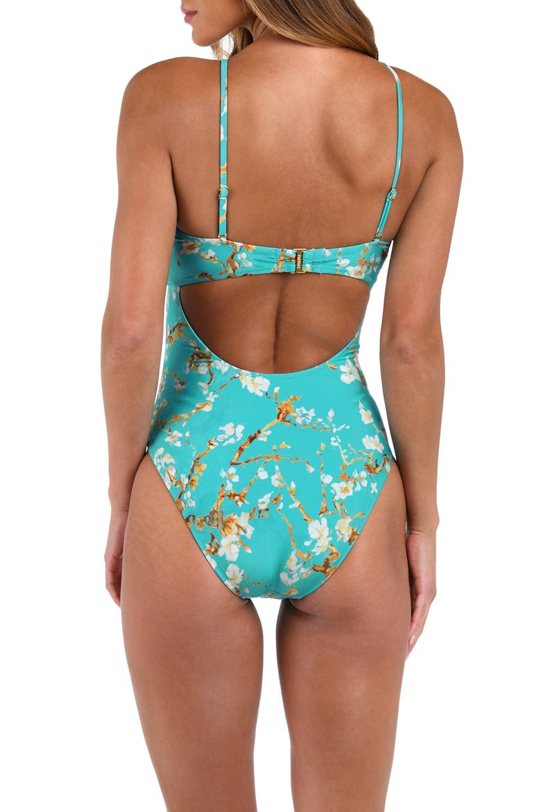 Emelia Cherry Blossom Bandeau One Piece Swimsuit, Alternate, color, AQUA