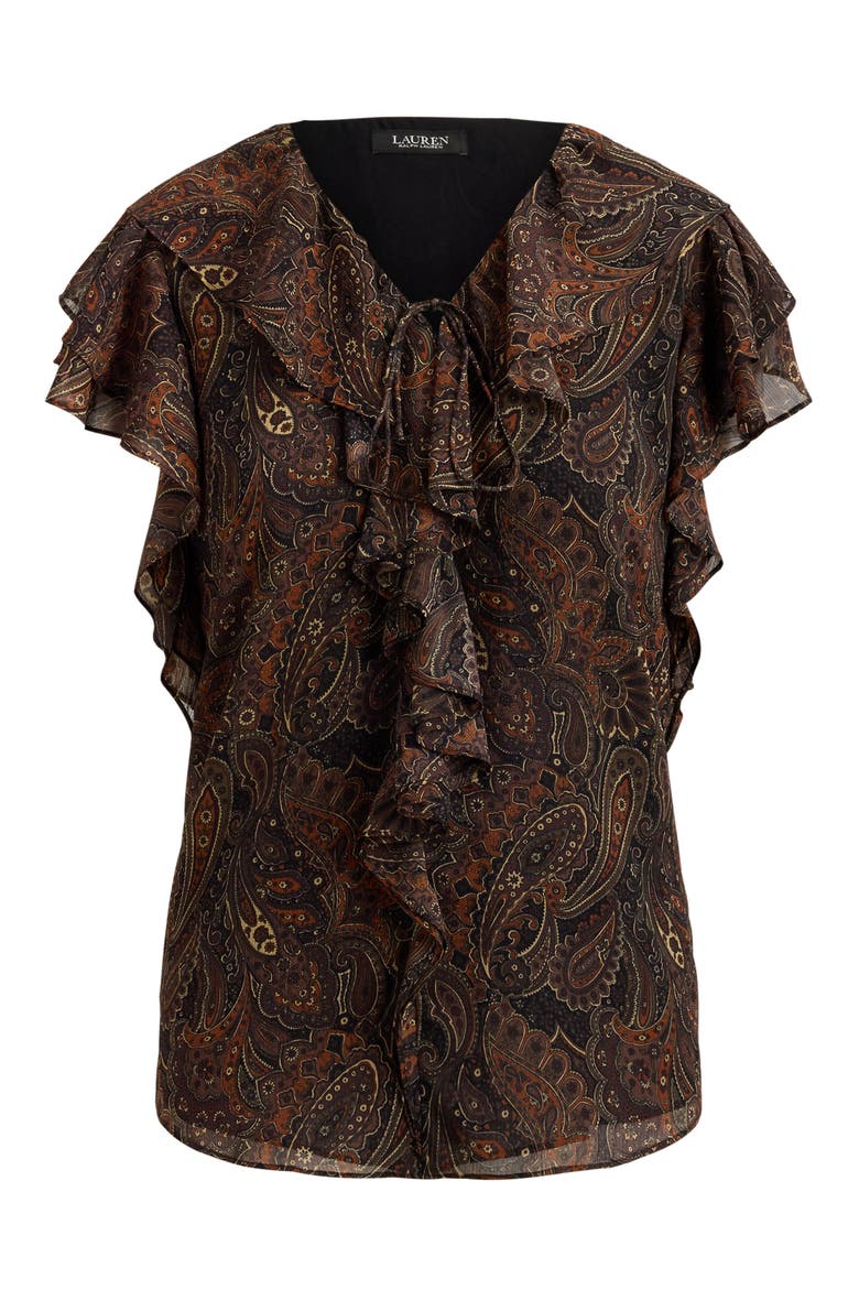 Paisley Ruffle Trim Georgette Top, Alternate, color, BLACK/ MULTI