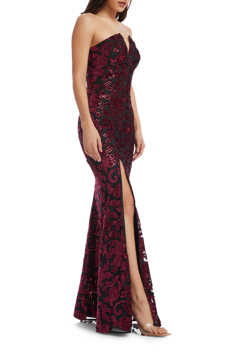 Dress the Population Fernanda Floral Sequin Strapless Evening Gown, Alternate, color, Burgundy-Black