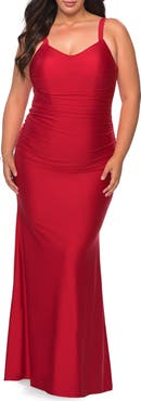 La Femme Long Ruched Plus Size Jersey Dress