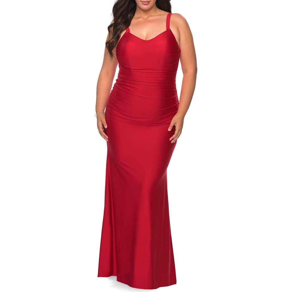 La Femme Long Ruched Plus Size Jersey Dress