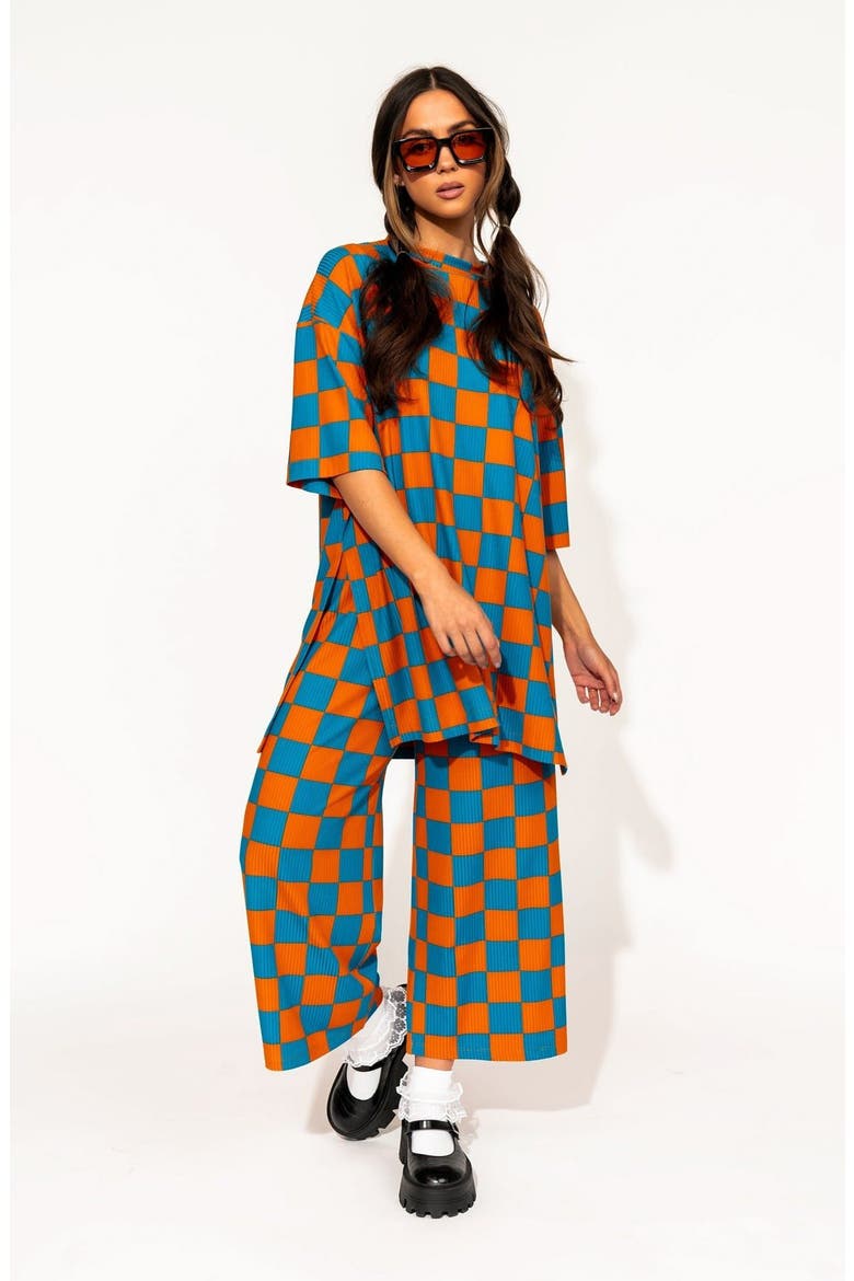 Lex Ribbed Oversize T-Shirt & High Waist Crop Pants Set, Alternate, color, BLUE ORANGE CHECK