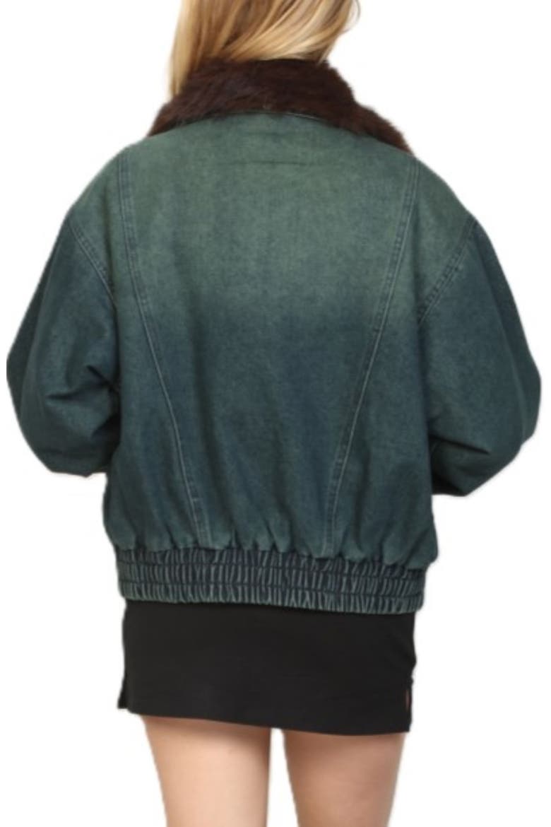 Faux Fur Collar Denim Bomber Jacket, Alternate, color, BLUE TINT