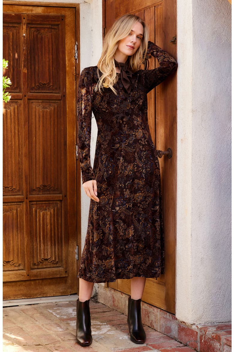 Velvet Burnout Midi Dress, Alternate, color, CHOCOLATE