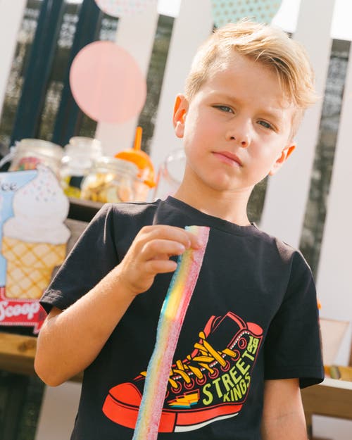 Deux Par Deux Little Boy's Organic Cotton Graphic Tee Black And Red Shoe In Black And Red Shoe