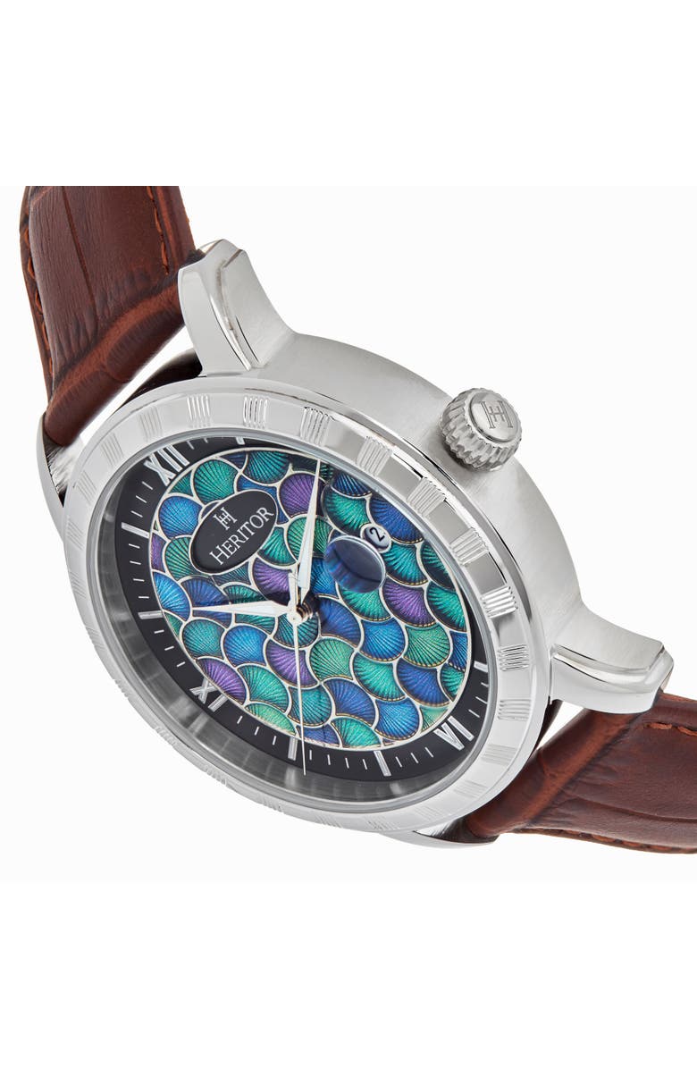 Heritor Automatic Protégé Leather-Band Watch w/Date, Alternate, color, Silver/Brown