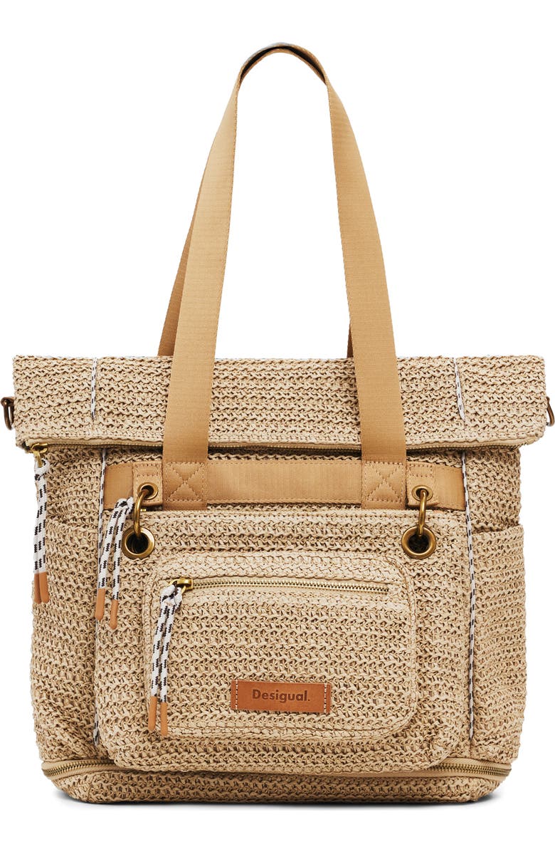 Desigual Big Expandable Straw Backpack, Main, color, Dark Beige