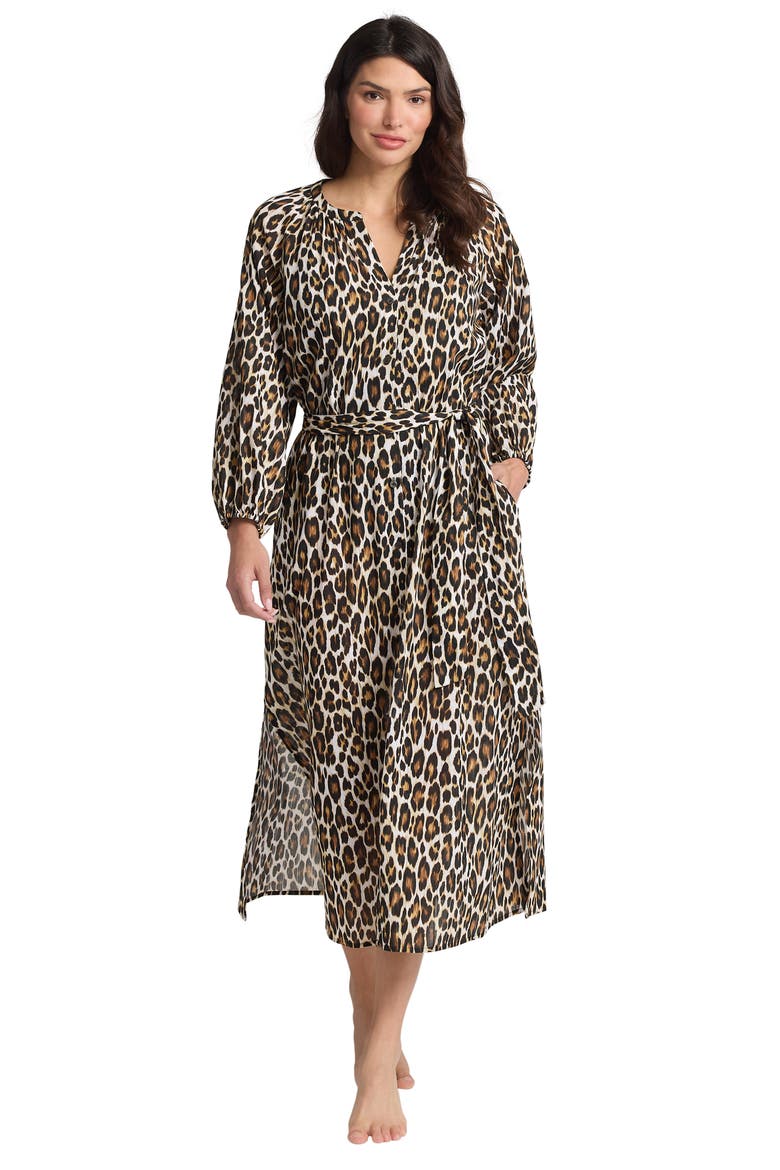 Leopard Long Sleeve Cotton Cover-Up Midi Dress, Alternate, color, BLACK/BROWN