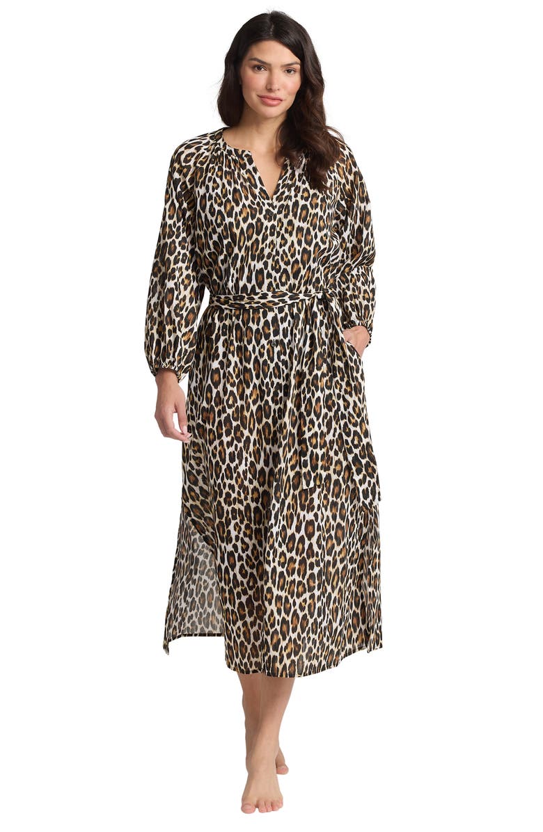 Tommy Bahama Leopard Long Sleeve Cotton Cover-Up Midi Dress, Alternate, color, 