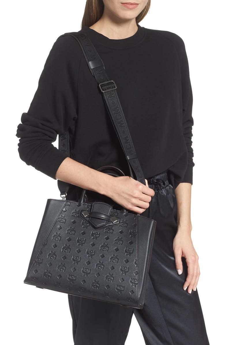 MCM Essential Monogrammed Leather Satchel, Alternate, color,