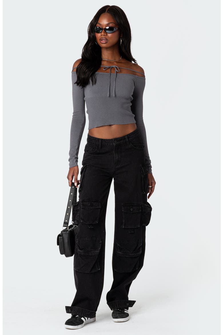 Jane Tie Front Off the Shoulder Long Sleeve Crop Top, Alternate, color, GRAY