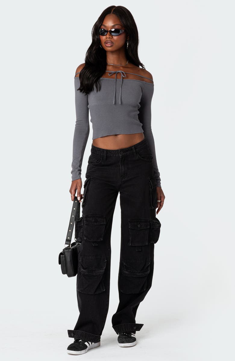 EDIKTED Jane Tie Front Off the Shoulder Long Sleeve Crop Top, Alternate, color, Gray