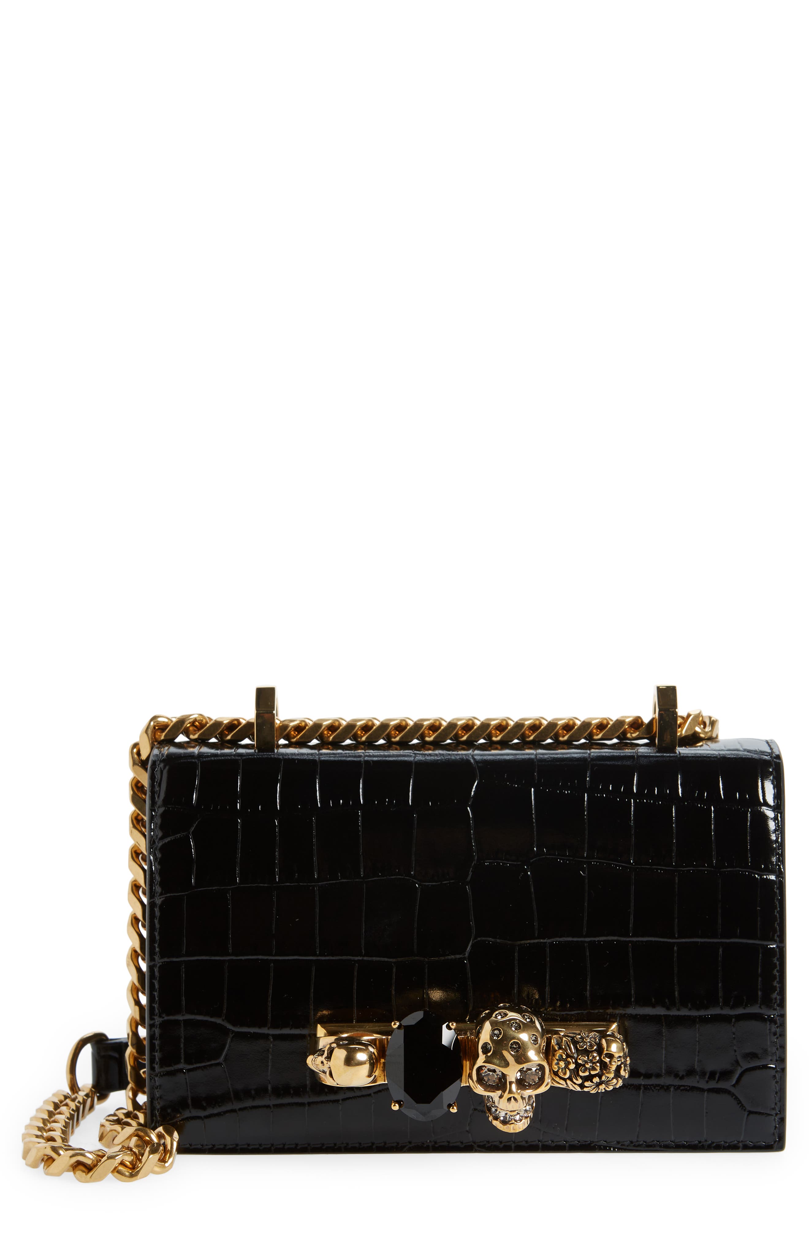 Alexander McQueen Mini Jeweled Croc Embossed Leather Satchel in Black 