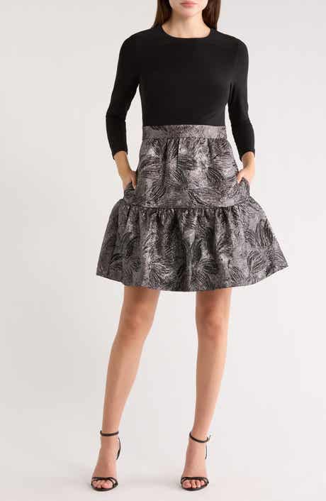 Eliza J Long Sleeve Mixed Media Fit & Flare Dress