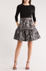 Eliza J Long Sleeve Mixed Media Fit & Flare Dress