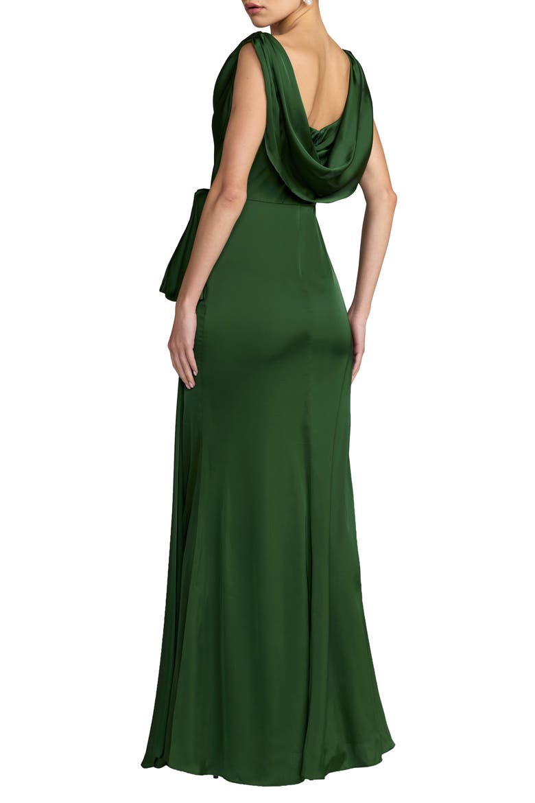 Charmeuse Sleeveless Cowl Neck Gown With Bow, Alternate, color, Emerald