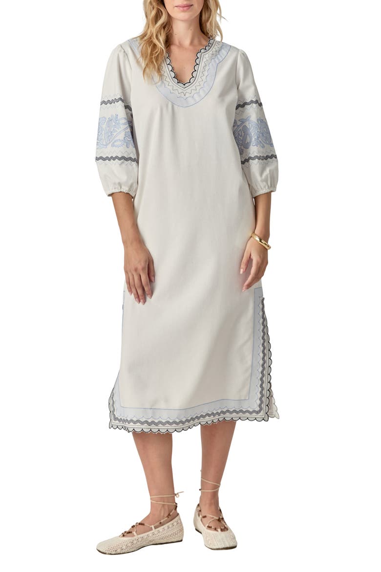 Embroidered Midi Dress, Main, color, WHITE/ POWDER BLUE