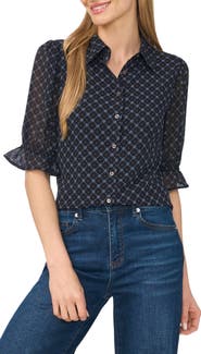 CeCe Smocked Cuff Button Down Shirt
