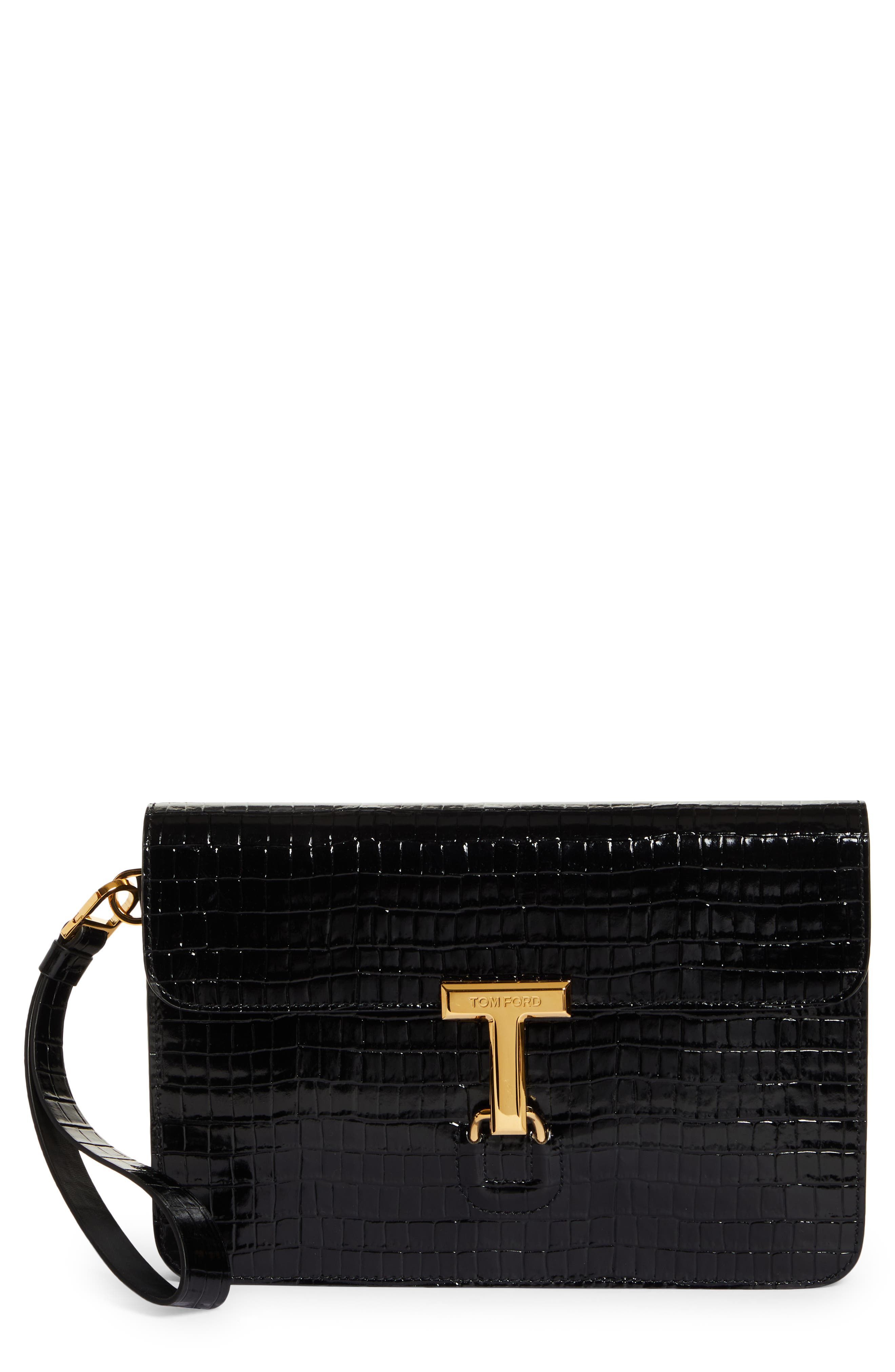 TOM FORD Small T-Clasp Croc Embossed Leather Portfolio, Main, color, 