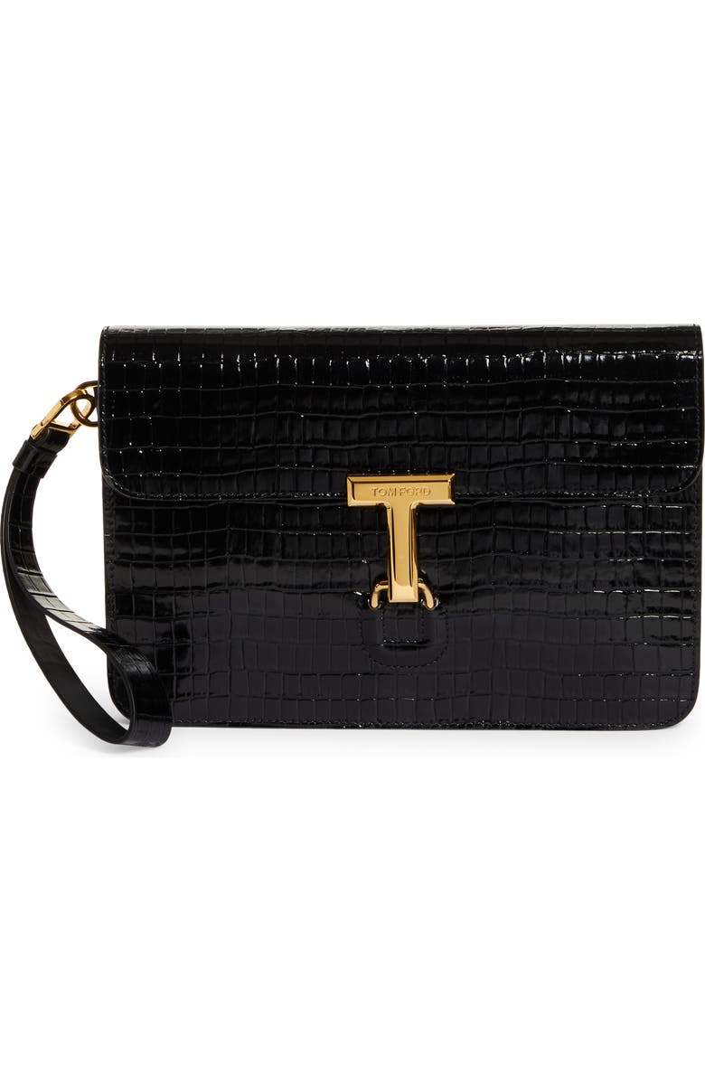 TOM FORD Small T-Clasp Croc Embossed Leather Portfolio, Main, color,