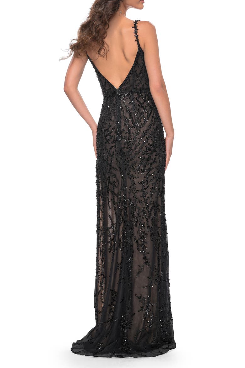 Beaded Gown with Intricate Design and V Neckline, Alternate, color, Black