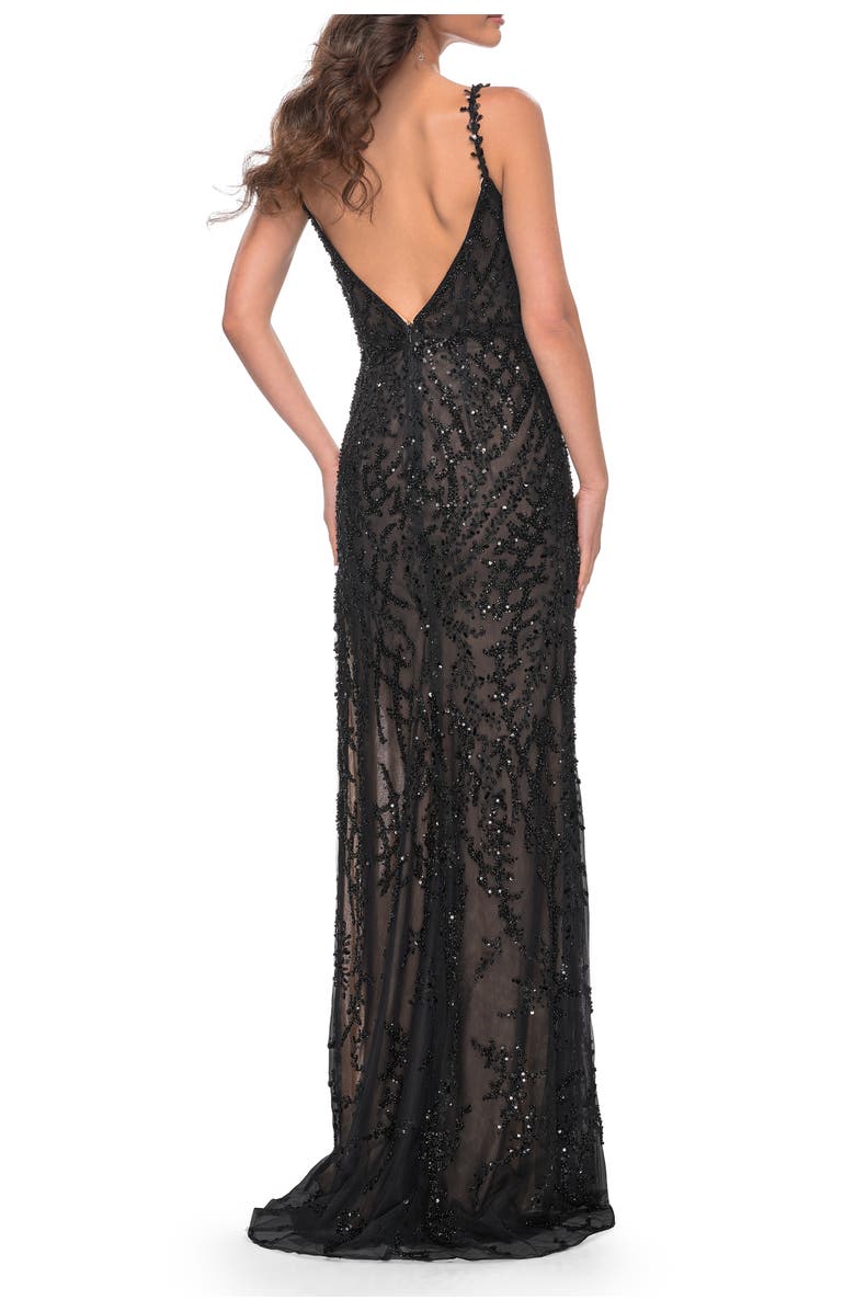 La Femme Beaded Gown with Intricate Design and V Neckline, Alternate, color,