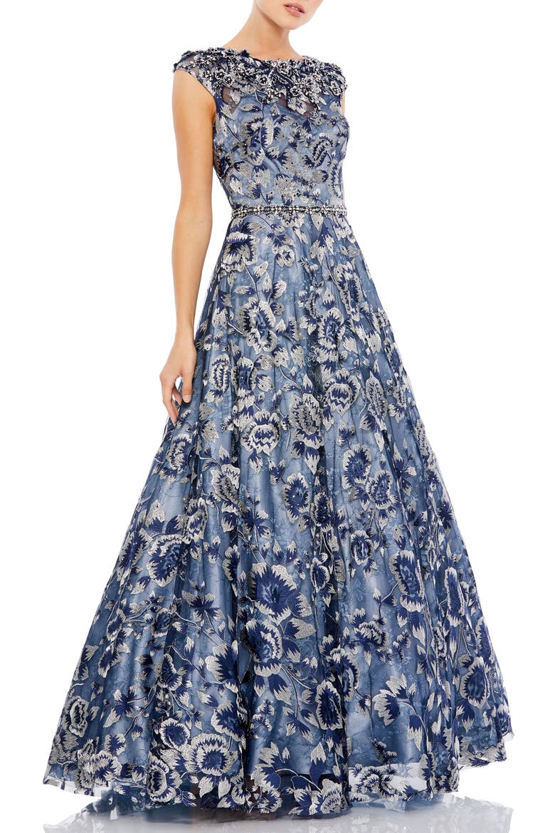 Embellished Cap Sleeve High Neck Ballgown, Alternate, color, Blue