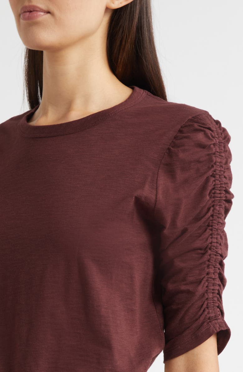 Veronica Beard Waldorf Ruched Sleeve Cotton Slub Top, Alternate, color, Raisin