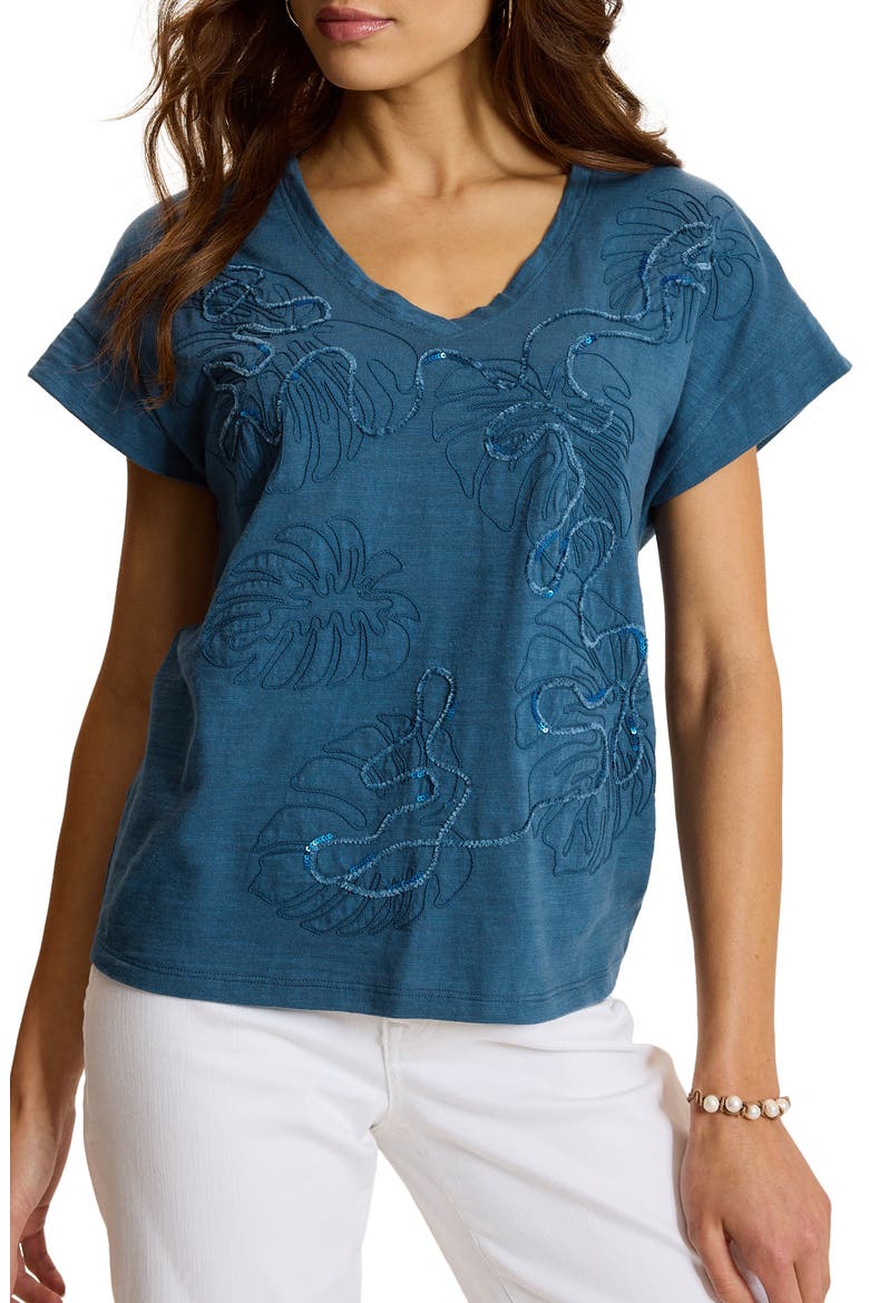 Embellished Monstera Leaf Graphic Tee, Main, color, MED INDIGO