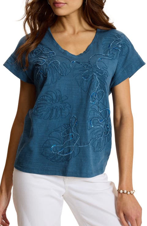 Embellished Monstera Leaf Graphic Tee