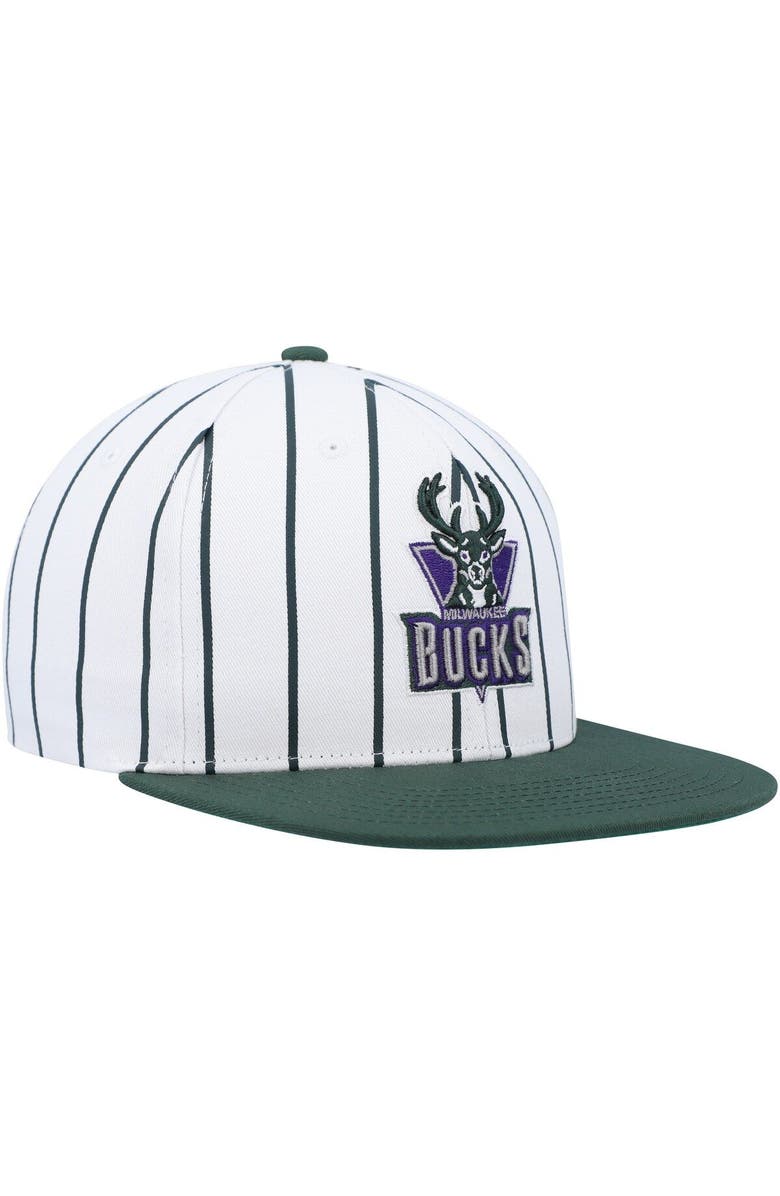 Mitchell & Ness Men's Mitchell & Ness White Milwaukee Bucks Hardwood Classics Pinstripe Snapback Hat, Alternate, color,