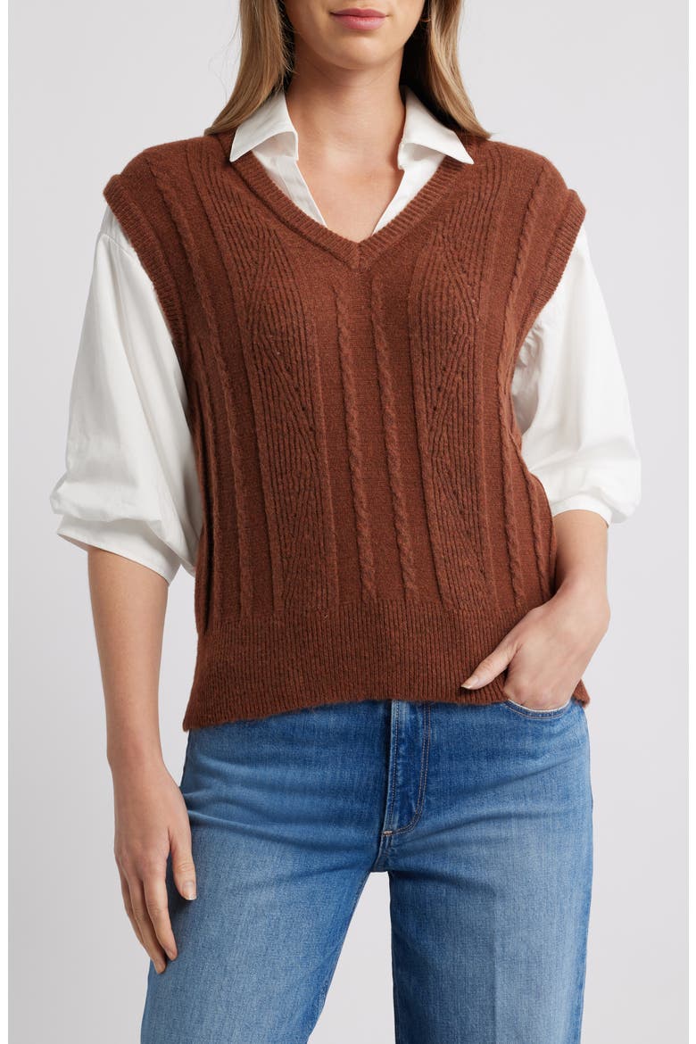 Mixed Media Elbow Sleeve Shirt & Sweater Vest, Main, color, COPPER/ OFF WHITE