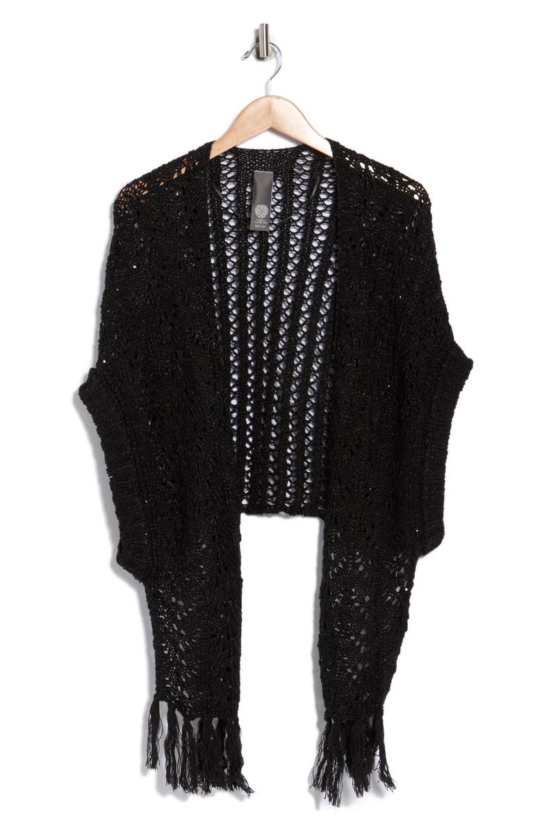 Vince Camuto Sequin Open Knit Fringe Trim Shawl, Alternate, color, Black