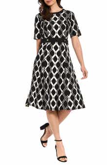 London Times Short Sleeve Side Tab Fit & Flare Dress