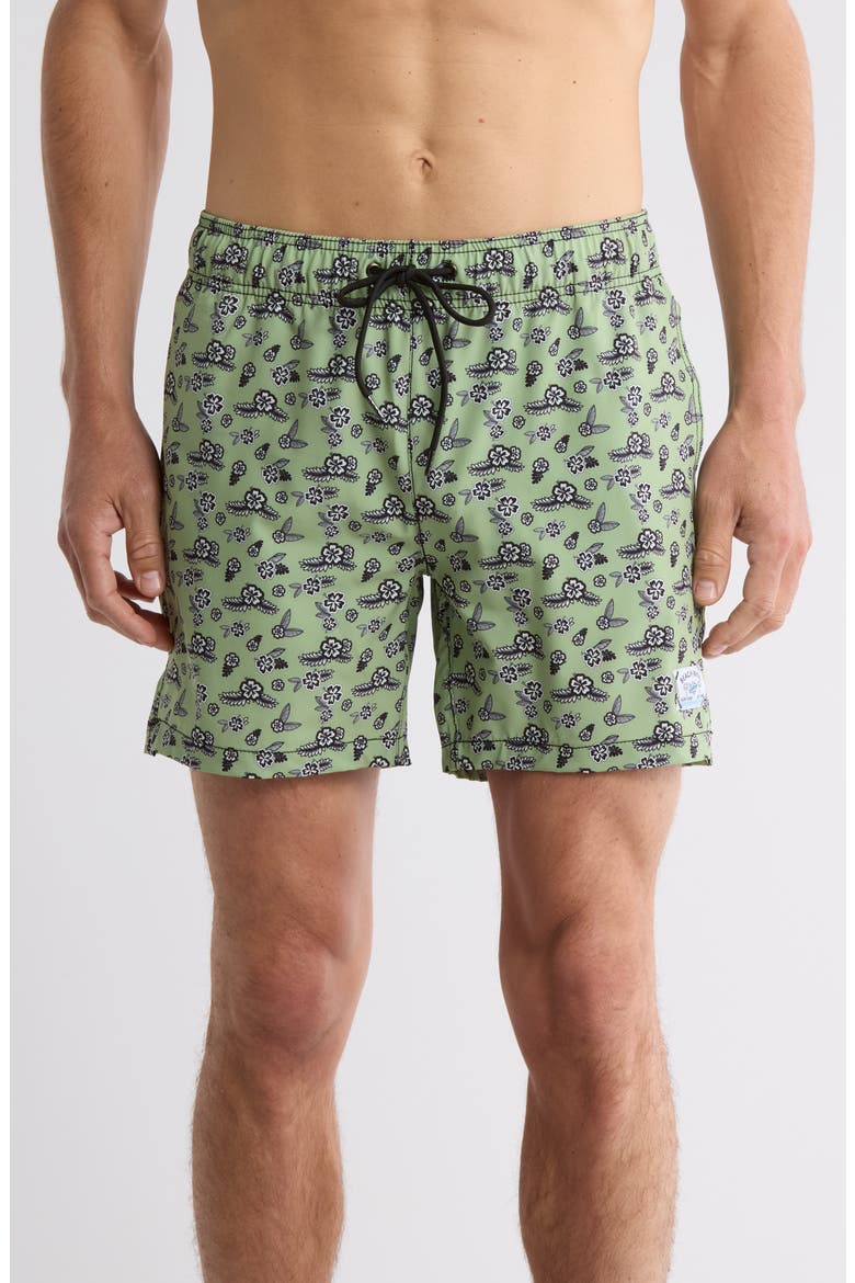 Floral Leaf Print Swim Trunks, Main, color, SAGE GREEN
