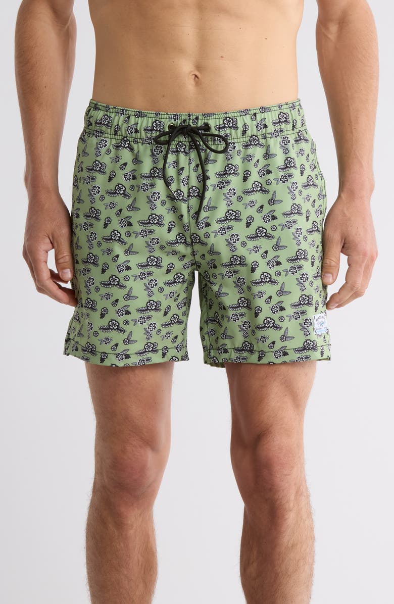 BEACH BROS Floral Leaf Print Swim Trunks, Main, color,
