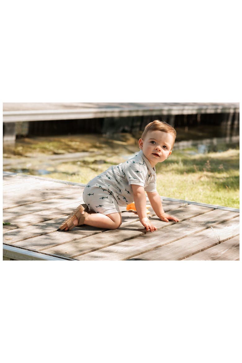 Shark Print Cotton Polo Romper, Alternate, color, LIGHT GREY