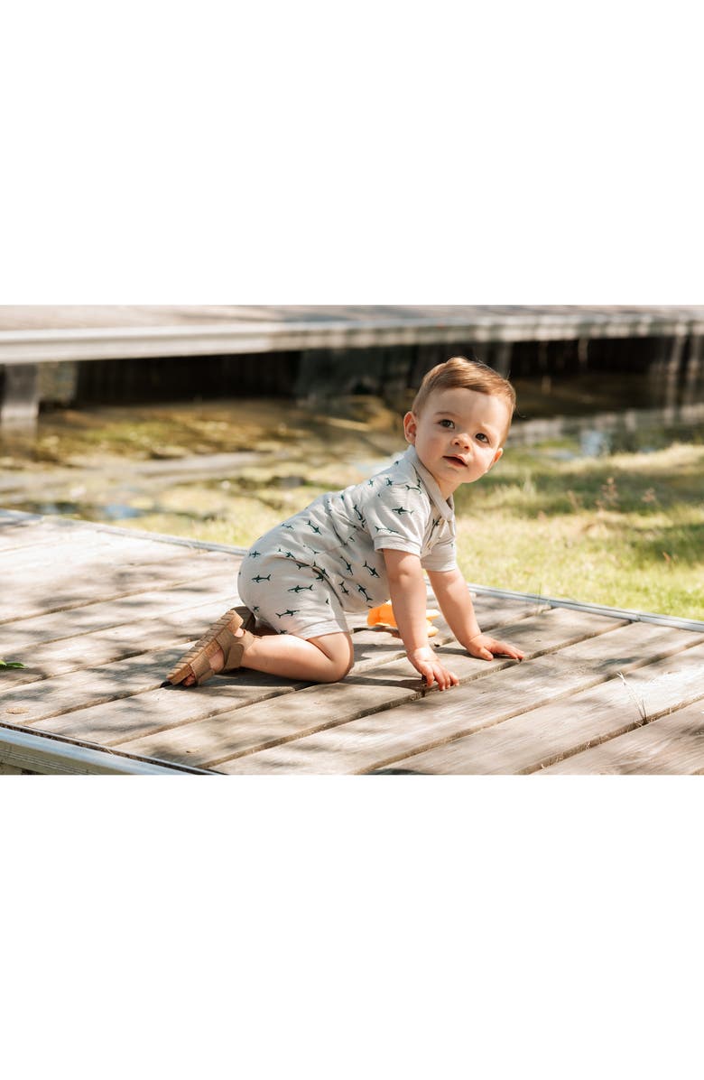 Petit Lem Shark Print Cotton Polo Romper, Alternate, color, Light Grey