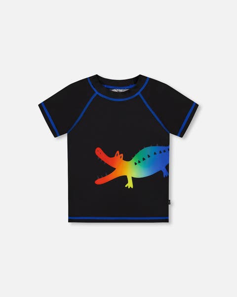 Boy's Short Sleeve Rashguard Black And Multicolored Crocodiles
