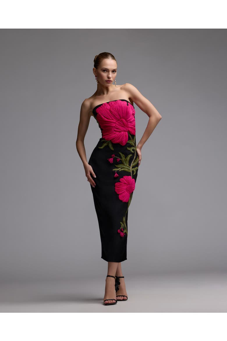 Strapless Floral Embroidered Midi Dress, Alternate, color, Black Multi