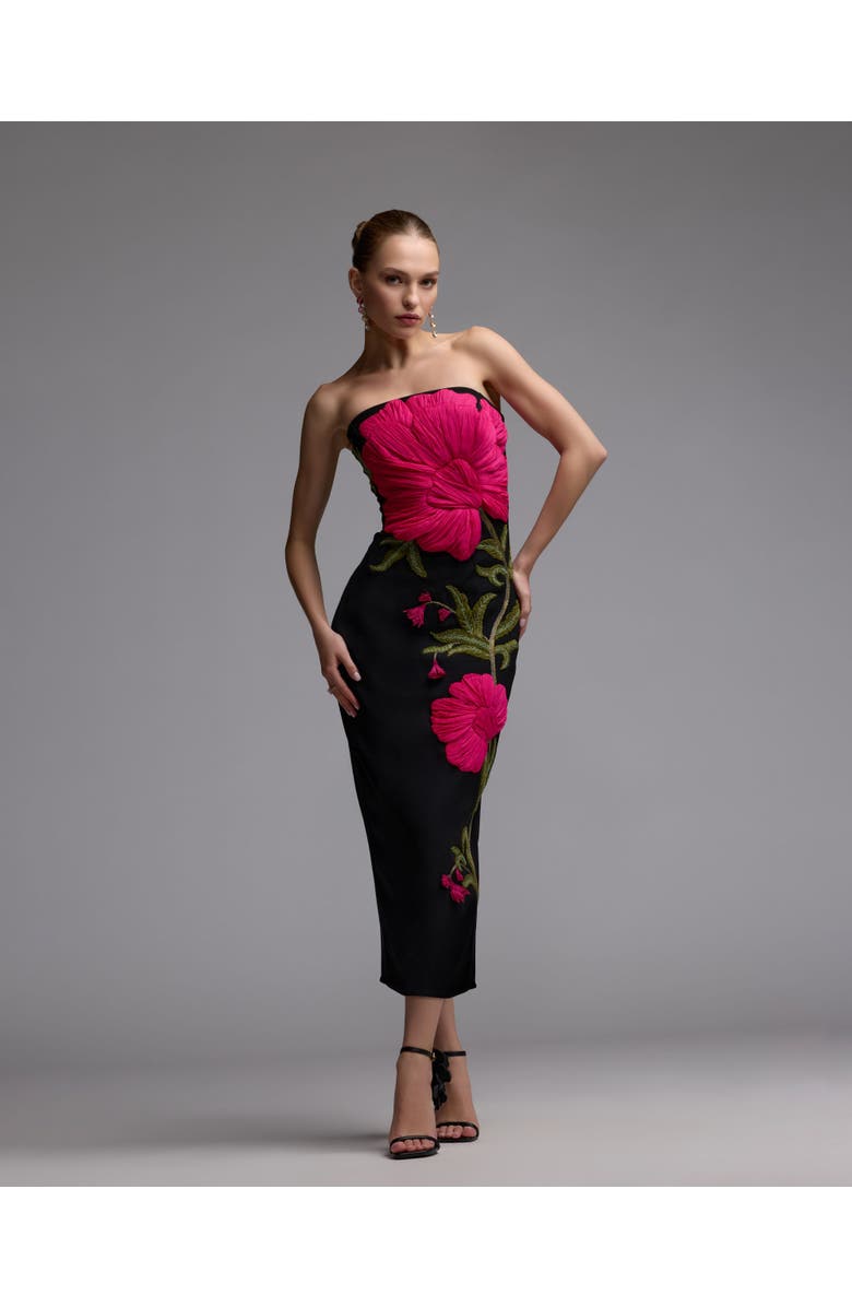 Mac Duggal Strapless Floral Embroidered Midi Dress, Alternate, color, Black Multi