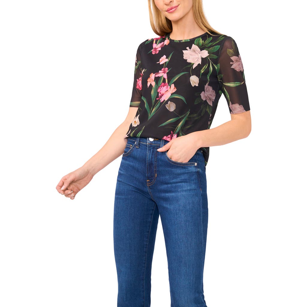Ted Baker Floral Print Mesh T-shirt In Black