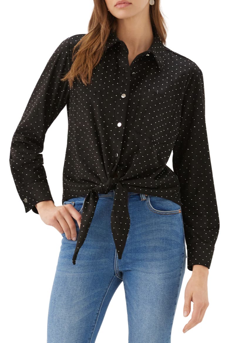 Rhinestone Faux Suede Tie Front Shirt, Main, color, BLACK