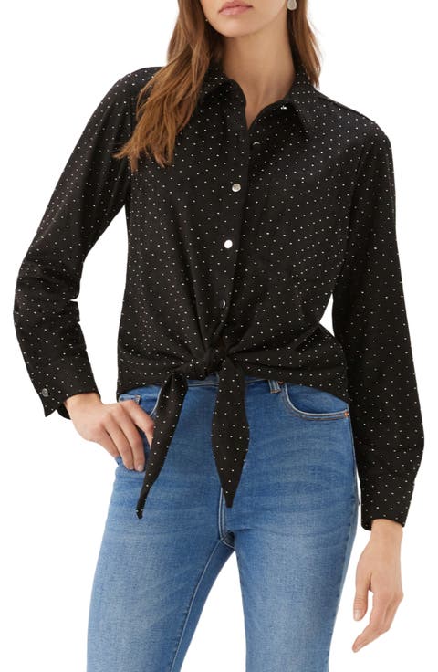 Rhinestone Faux Suede Tie Front Shirt