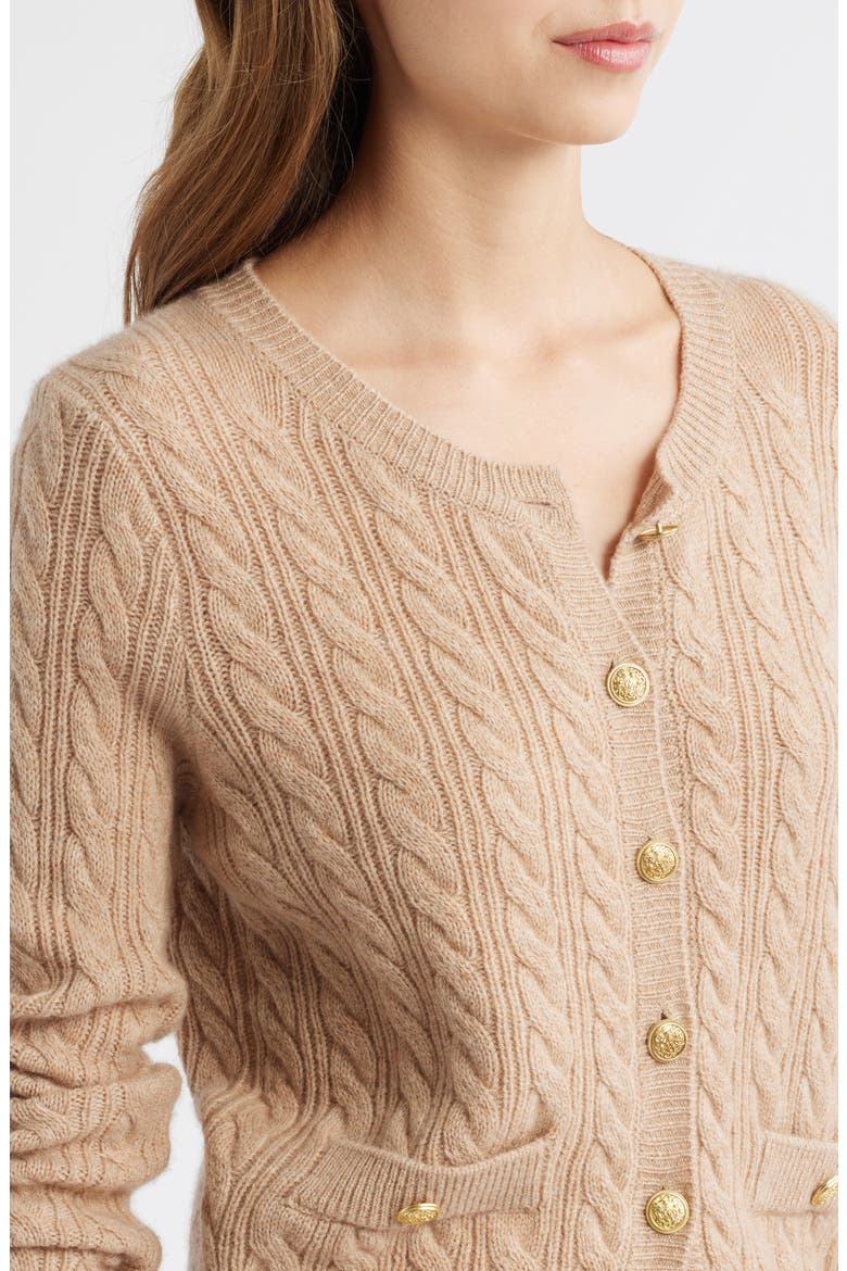 Eugenie Cable Knit Cashmere & Wool Cardigan, Alternate, color, CAMEL MELANGE